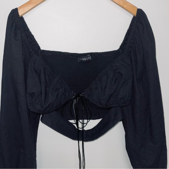 Lioness Long Sleeve Crop Blouse Women's Size Medium Black‎ Tie-Front Top Puff - Picture 4 of 12